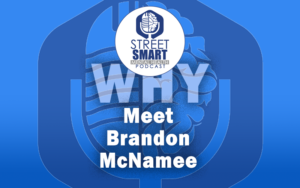 Two-Tone Blue Image - A Brain and Microphone Collide - The Street Smart Mental Health Podcast - Meet Brandon McNamee