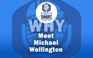 Two-Tone Blue Image - A Brain and Microphone Collide - The Street Smart Mental Health Podcast - Meet Michael Wellington