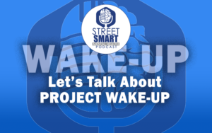 Two-Tone Blue Image - A Brain and Microphone Collide - The Street Smart Mental Health Podcast - Let's Talk About Project Wake-Up